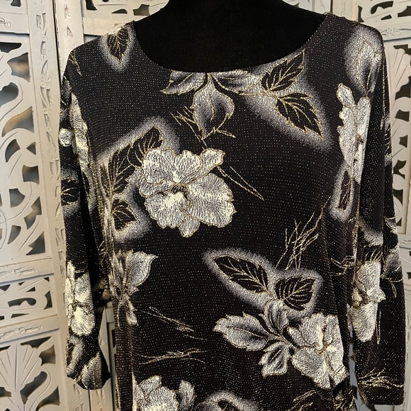 ROBBIE BEE SPECTACULAR SPARKLY BLACK WITH WHITE & GOLD ACCENTS FANCY MIDI DRESS - Picture 3 of 14